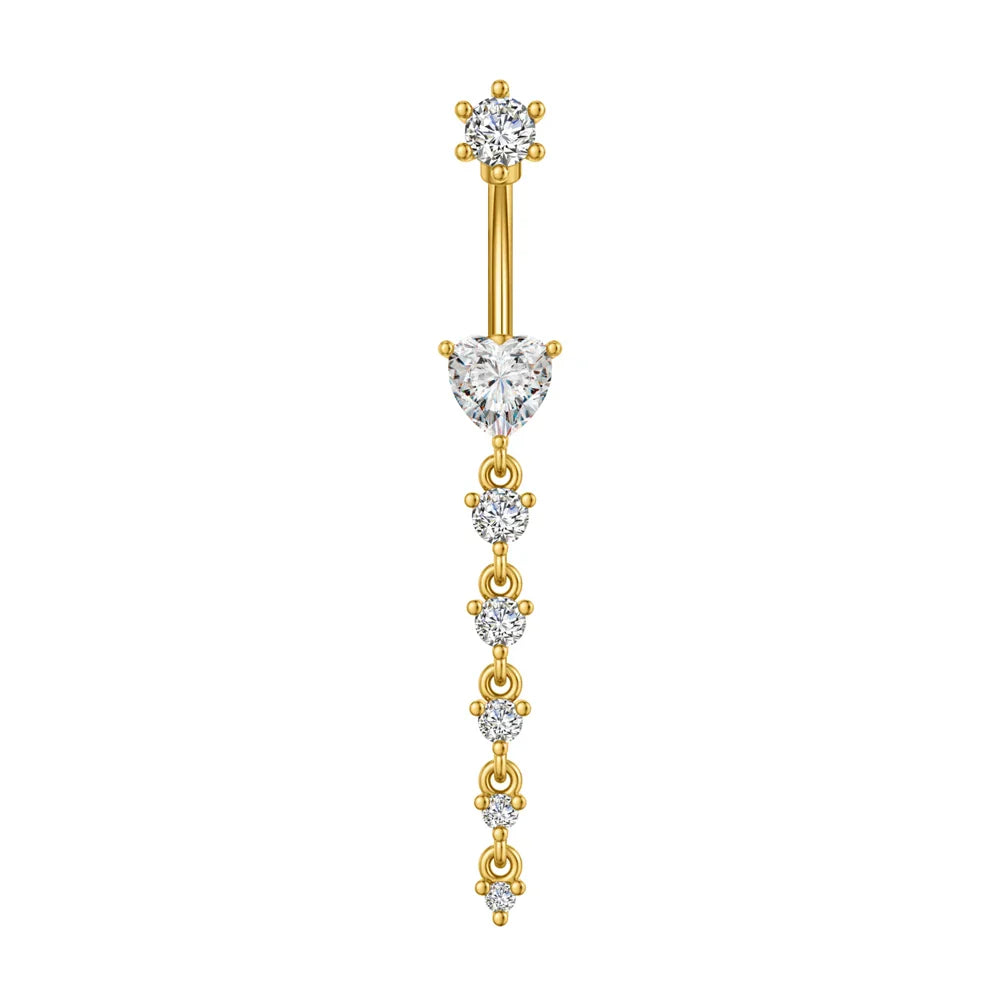 14G Surgical Steel Belly Button Ring – 7 Heart Crystal Long Dangle Navel Piercing Jewelry for Women