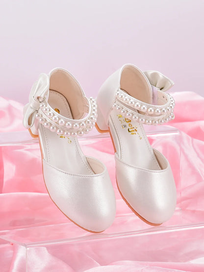 Girls’ Princess High-Heel Shoes - White Pearl Dress Shoes for Big Kids, Spring/Summer Style