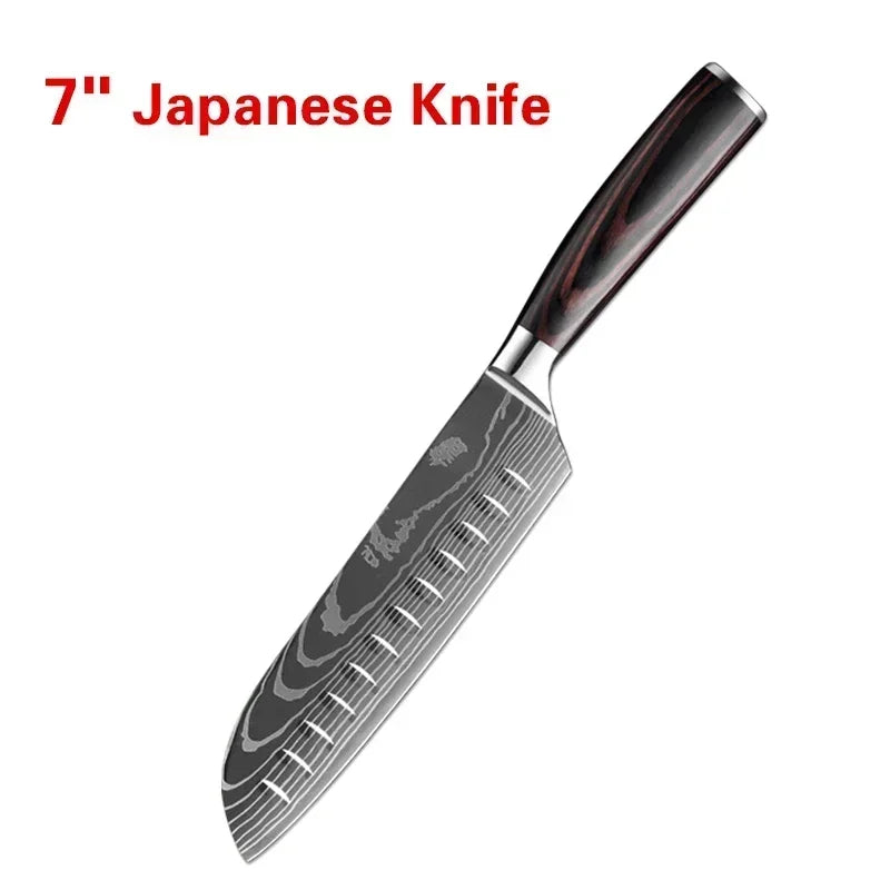 Laser Damascus Kitchen Knife Set – Cleaver, Meat, Fruit, Bread, Boning Knife and Chicken Scissors for Barbecue and Home Cooking