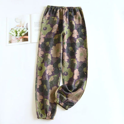 2025 Spring Summer Women's Pajama Pants – 100% Cotton Crepe Loose Fit Leaf Print Home Wear Bottoms
