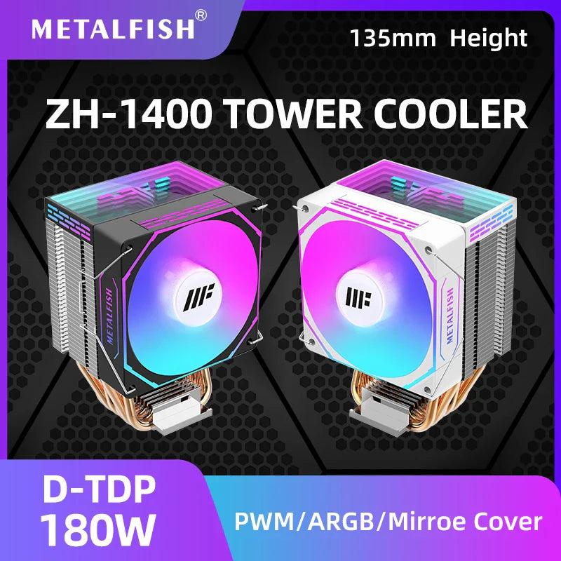 METALFISH White CPU Cooler – ARGB PWM Silent Fan Radiator 4-Pin High Performance Air Cooling for Intel LGA1700/1200/115X/1366/2011 & AMD AM5/AM4/x99/x79