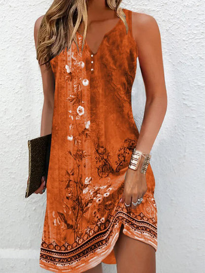 2023 Women's Summer Boho Mini Dress – Vintage Floral Print, V-Neck, Sleeveless Button, Plus Size Vestidos