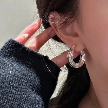 PANJBJ925 Sterling Silver Hoop Earrings - Frosted Geometric Design Fashion Jewelry Gift for Women
