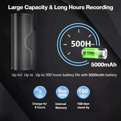 500-Hour Digital Audio Recorder – Professional 32GB/64GB Flash Drive MP3 Player for Lectures & Recording