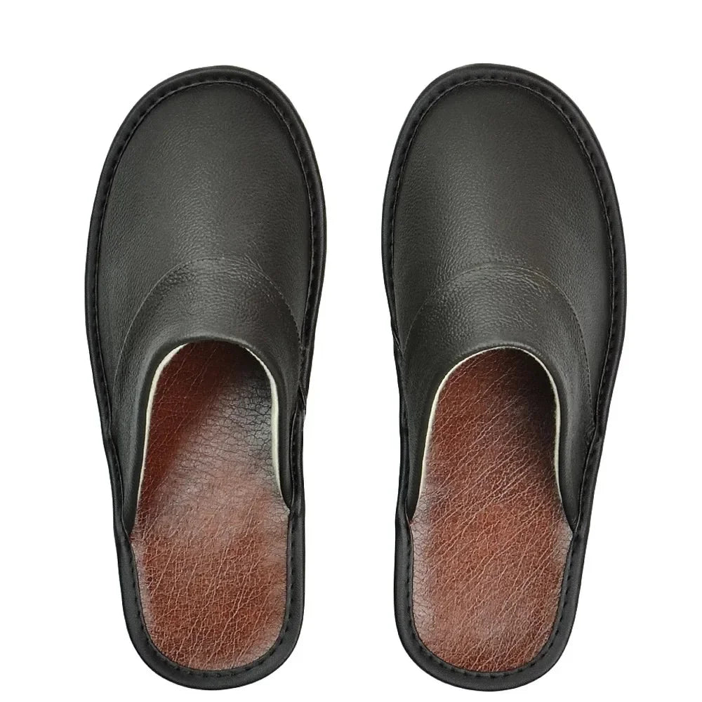 Men’s PU Leather House Slippers - Waterproof Soft Indoor Bedroom Shoes with Comfort Flat Sole