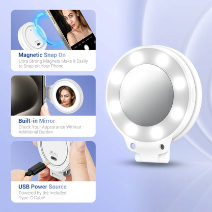 JJC Rechargeable Selfie LED Ring Light - Magnetic Design, 3 Adjustable Light Modes - 180°Foldable for iPhone 15, 14, 13