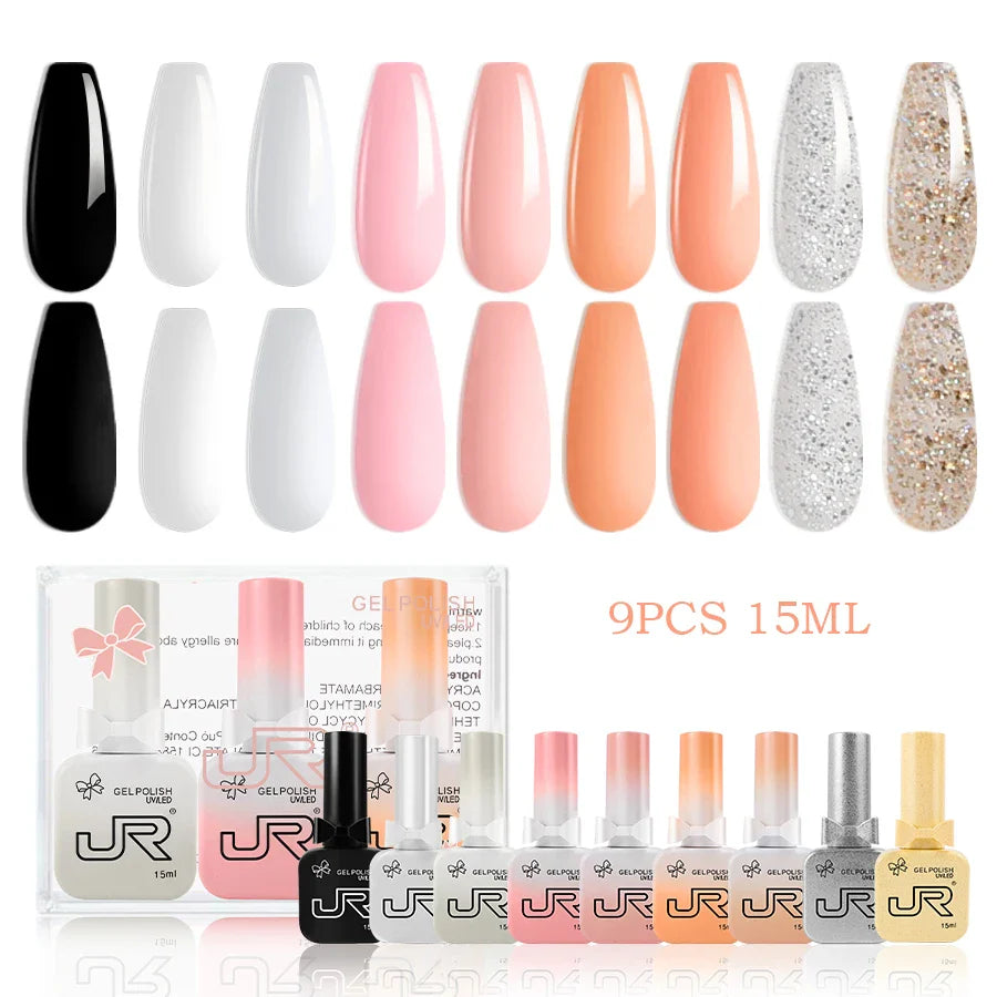 JR 9pcs Gel Nail Polish Set 15ml – Red, Pink, Nude UV LED Soak-Off Kit with Top & Base Coat for DIY Manicure & Gifts
