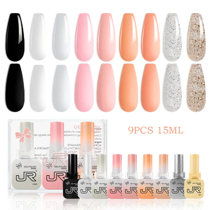 JR 9pcs Gel Nail Polish Set 15ml – Red, Pink, Nude UV LED Soak-Off Kit with Top & Base Coat for DIY Manicure & Gifts