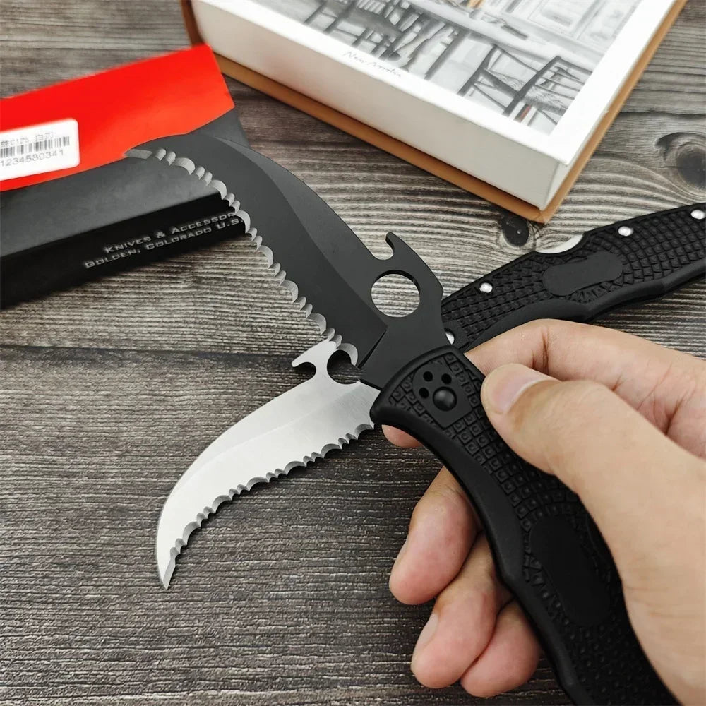 C12S Tactical Folding Pocket Knife – D2 Blade with Nylon Fiber Handle, Outdoor Hunting Utility Knife with Back Lock