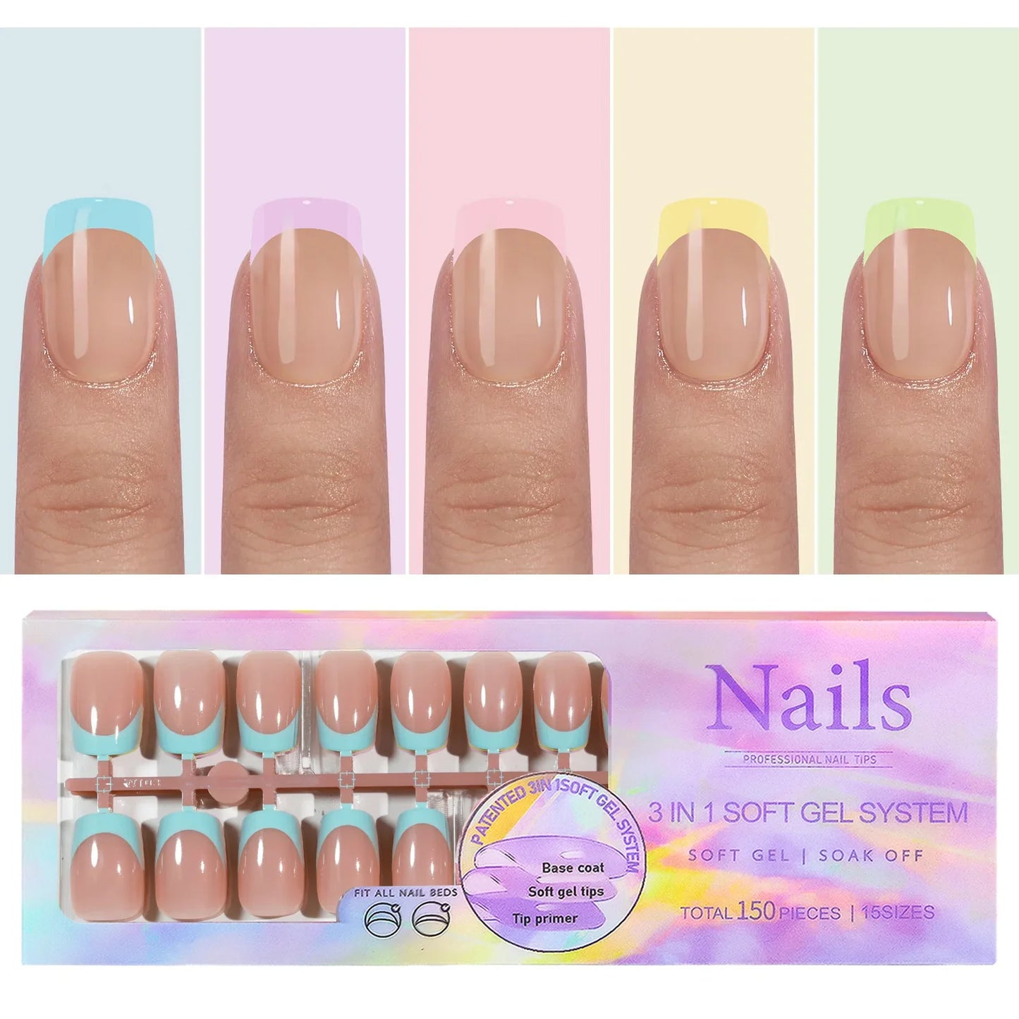 150pcs Fake Almond French Nails – Multi-Size Press-On Acrylic Nails in 6 Colors, Removable & Convenient