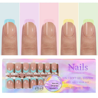150pcs Fake Almond French Nails – Multi-Size Press-On Acrylic Nails in 6 Colors, Removable & Convenient