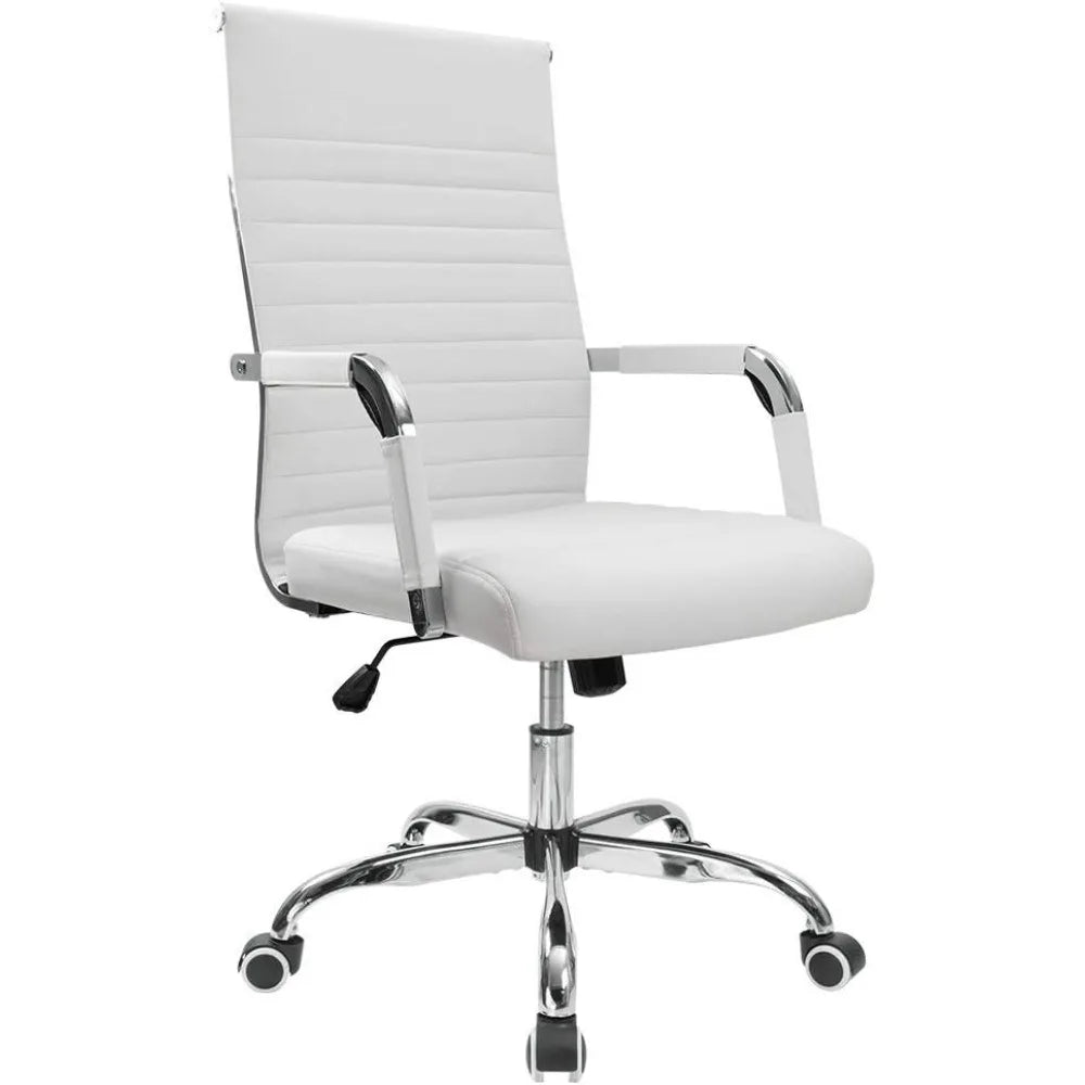 Ribbed Office Desk Chair – Mid-Back PU Leather Executive Swivel Chair with Adjustable Height & Arms for Conference & Task Use