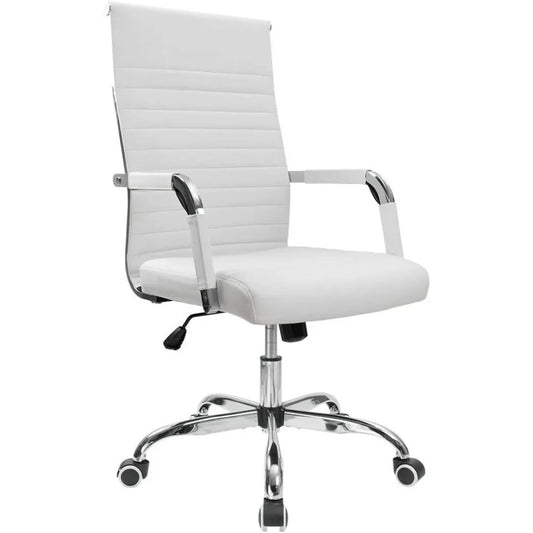 Ribbed Office Desk Chair – Mid-Back PU Leather Executive Swivel Chair with Adjustable Height & Arms for Conference & Task Use