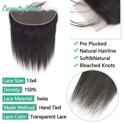 24 26 Inch Straight Lace Frontal Human Hair - 13x6 Preplucked Transparent HD Lace Brazilian Hair Closure For Women
