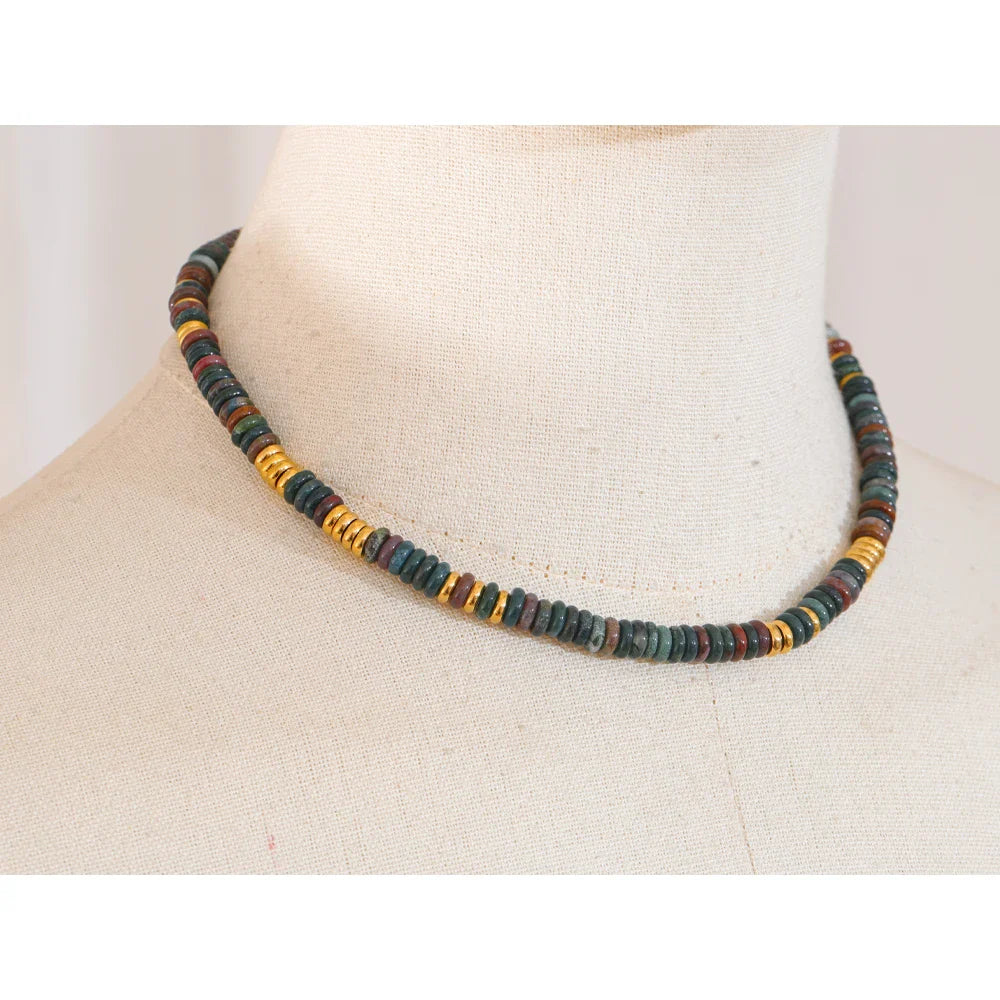 Yhpup Colorful Natural Stone Bead Necklace – Handmade Y2K Stainless Steel Waterproof Chain Jewelry for Women
