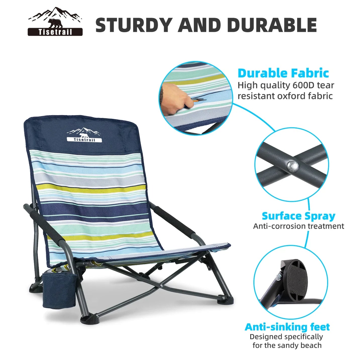 Tisetrail 2-Pack Portable Beach Chairs – Low Back Sling Chairs with Cup Holder, Folding Mesh Sand Chairs for Adults, Lightweight