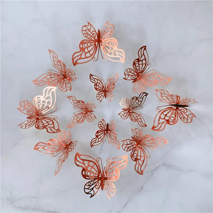 12PCS 3D Hollow Butterfly Wall Stickers – Gold, Silver & Rose Decorative Decals for Wedding, Living Room & Home Decor