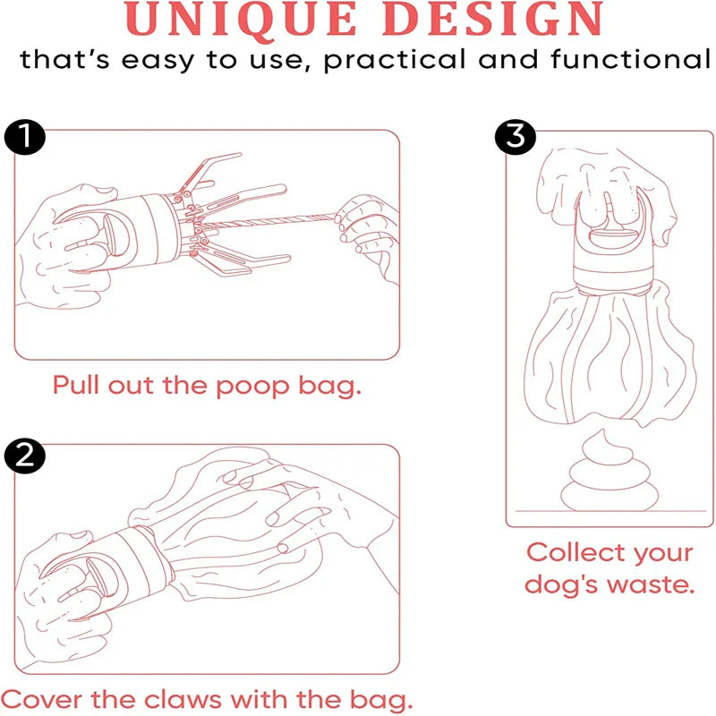 Portable Poop Scooper with Built-In Bag Dispenser - Lightweight Claw Waste Picker for Dogs - Pet Cleaner Tool