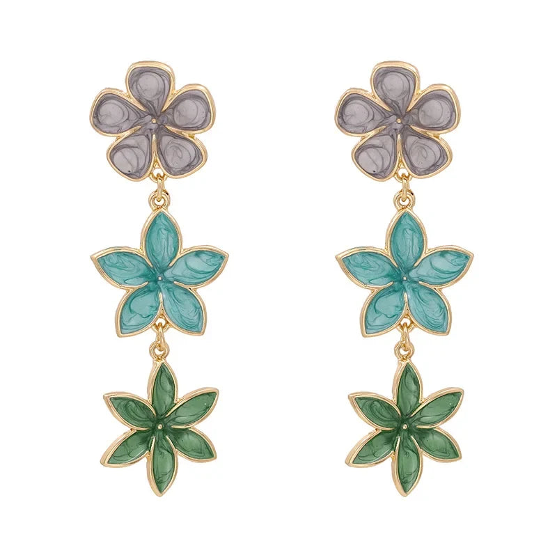 Long Flower Enamel Drop Earrings - Colorful Metal Petal Dangle Party Jewelry for Women