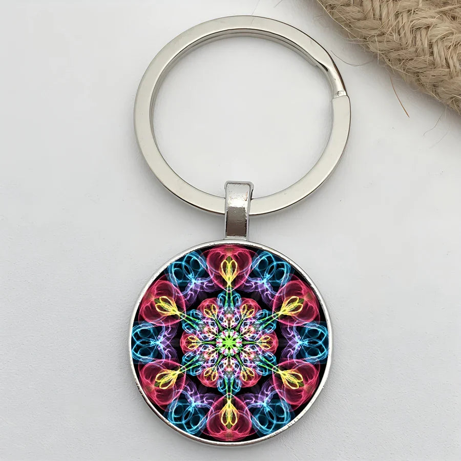 Retro Mandala Flower Yoga Keychain – Buddhist Chakra Glass Car Keyring for Men & Women Spiritual Jewelry Gift Accessory