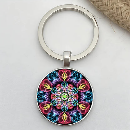 Retro Mandala Flower Yoga Keychain – Buddhist Chakra Glass Car Keyring for Men & Women Spiritual Jewelry Gift Accessory