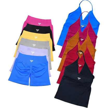 Women’s 2-Piece Yoga Set – Seamless Gym Outfit with Shorts & Lace-Up Sports Bra, High Quality Fitness Activewear Set