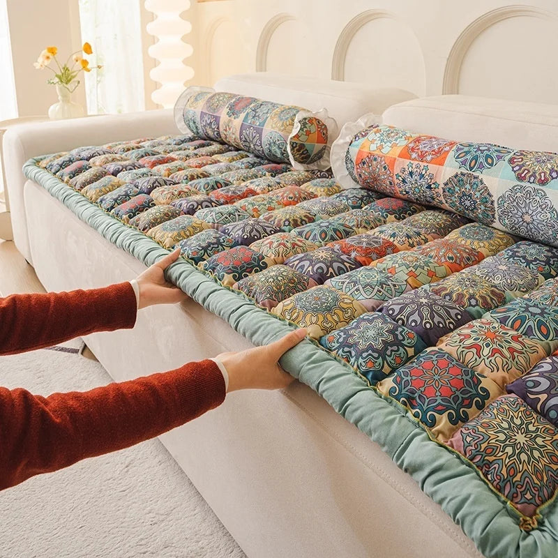 Cotton Floral Sofa Cover - Anti-Slip Couch Cushion & Tatami Furniture Protector
