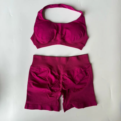 2PCS Seamless Yoga Workout Set – Scrunch Shorts & Halter Sports Bra Gym Fitness Outfit