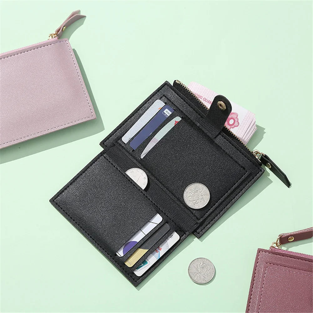Women’s PU Leather Mini Wallet — Slim Hasp & Zipper Purse, Multi-Card Holder with Coin Pocket, Small Solid Short Wallet