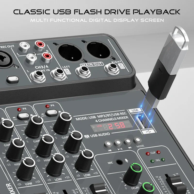 4-Channel Audio Mixer — USB Studio Mixer with 48V Phantom Power & Bluetooth for DJ & Karaoke