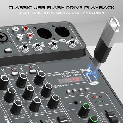 4-Channel Audio Mixer — USB Studio Mixer with 48V Phantom Power & Bluetooth for DJ & Karaoke