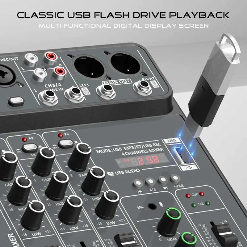 4-Channel Audio Mixer - USB Studio Sound Mixing Console with Bluetooth, 48V Phantom Power & DJ Karaoke Support