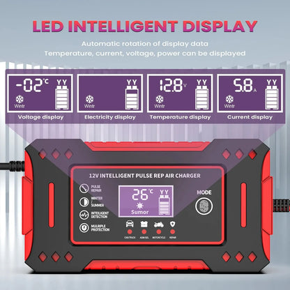 6A 12V Intelligent Car Battery Charger - Lead-Acid Charging Unit for Car and Motorcycle, LCD Display, Battery Repair