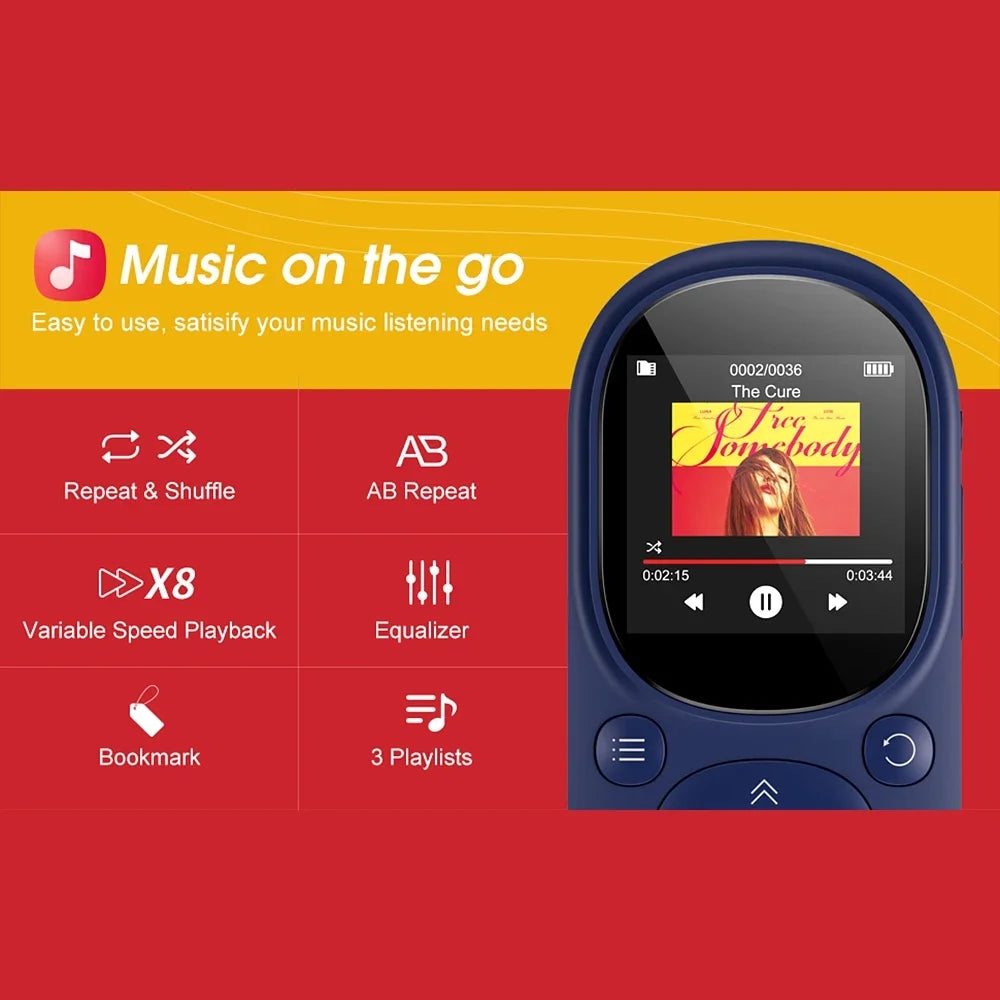 32GB Bluetooth MP3 Music Player – Clip-On, Lossless Sound, FM Radio, Voice Recorder, Supports 128GB TF Card