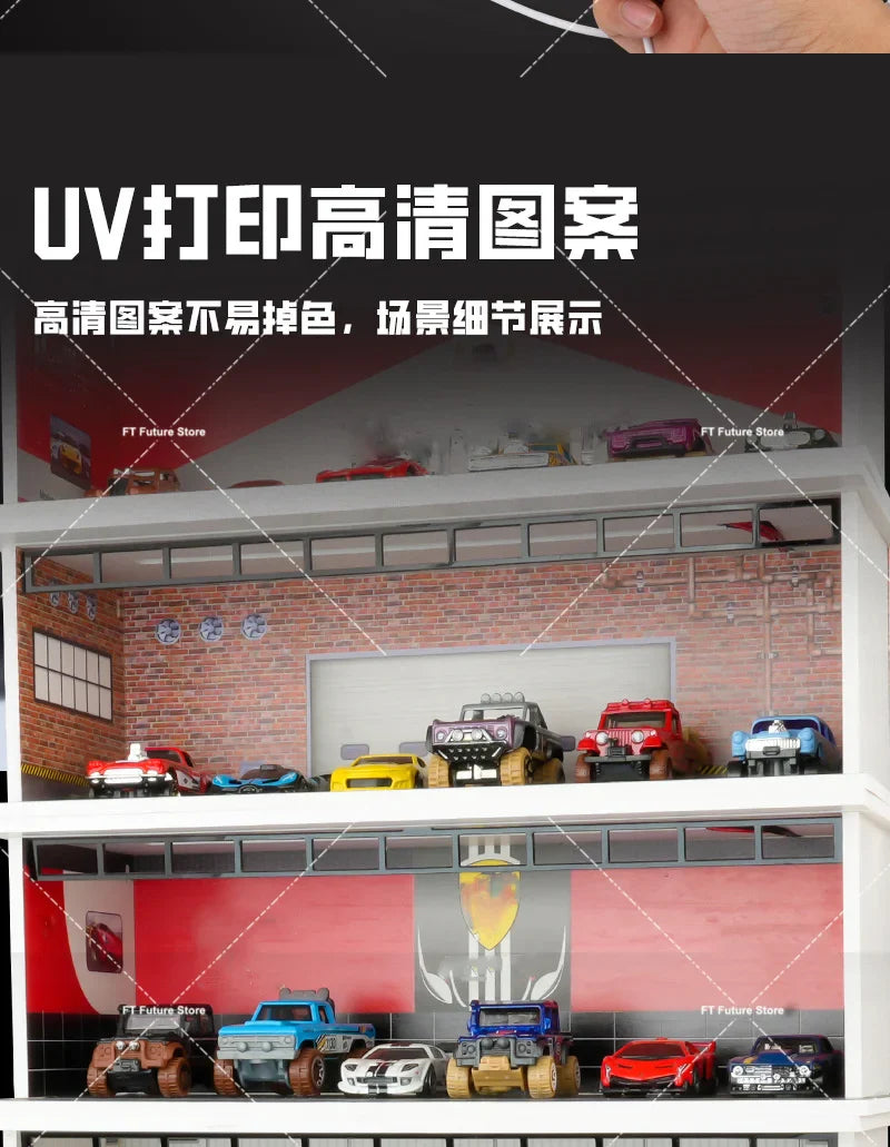 1:64 Scale Garage Scene Model with Lights – Assembled Parking Lot Diorama for Miniature Car Display