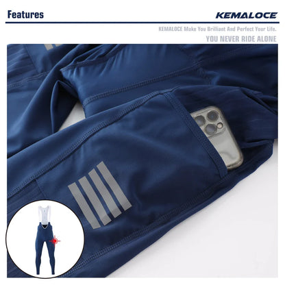 KEMALOCE Men's Cycling Long Pants, Autumn Blue & Grey, Gel Pad, Reflective Bike Bib, Breathable Bicycle Trousers with Rear Pocket
