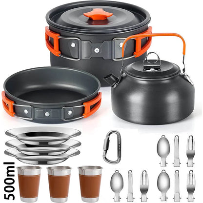 Camping Cookware Set — Non-Stick Cooking Pots, Teapot & Travel Tableware for 2-3 People, Outdoor Picnic Set