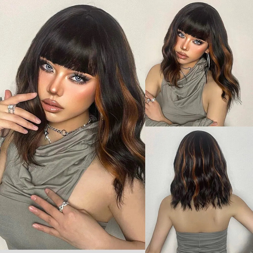 Women’s Grey Wavy Bob Wig with Bangs — Short Blonde Ombre Synthetic Hair with Dark Roots for Daily Wear