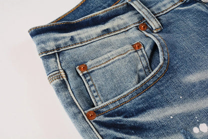 2025 Men’s High Street Ripped Skinny Jeans — Low Rise Blue Distressed Denim Fashion Repair Trousers 9003