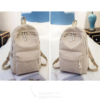 Women's Corduroy School Backpack – Striped Travel Rucksack for Teenage Girls & Shoulder Bag Mochila