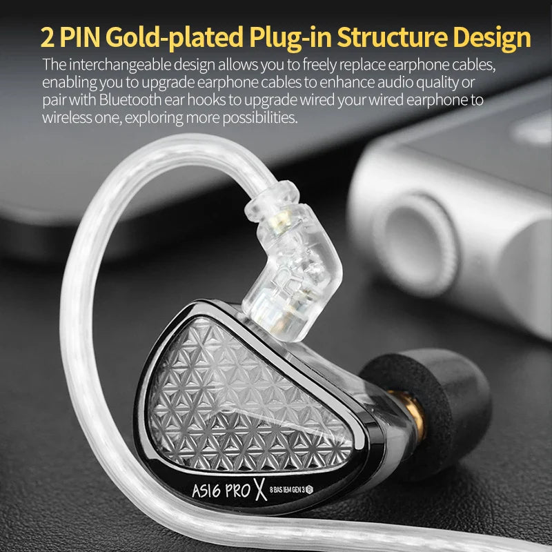KZ AS16 PRO X In-Ear Headphones — 8 Balanced Armature HiFi Earbuds with Three-Channel Acoustic Duct Structure