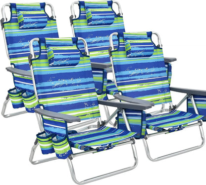 Backpack Beach Chair Set – 4 Portable Camping Chairs with Cooler Bag, Cup Holder & 5 Outdoor Recliners (Blue & Green, No Side Table)