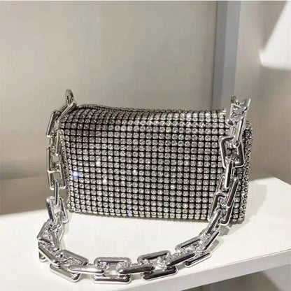 Allover Rhinestone Bucket Bag – Glitter Chain Prom Purse, Women's Mini Crossbody Bag (6.3 x 3.54 Inches)