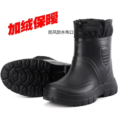 Winter Windproof Cotton Rain Boots for Men, Warm Waterproof Ankle Rain Shoes, Slip-On Fashion Work Boots, 2024