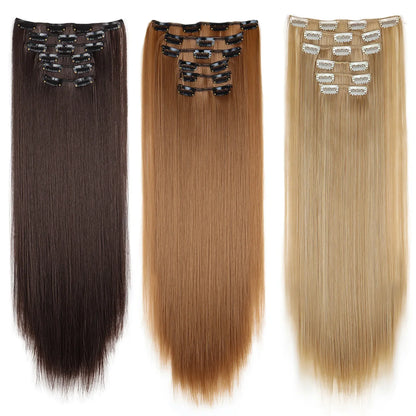 24-Inch 16 Clips-in Hair Extensions – Long Straight Synthetic Blonde & Black Hairpieces, Heat Resistant for Daily Use