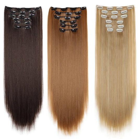 24-Inch 16 Clips-in Hair Extensions – Long Straight Synthetic Blonde & Black Hairpieces, Heat Resistant for Daily Use