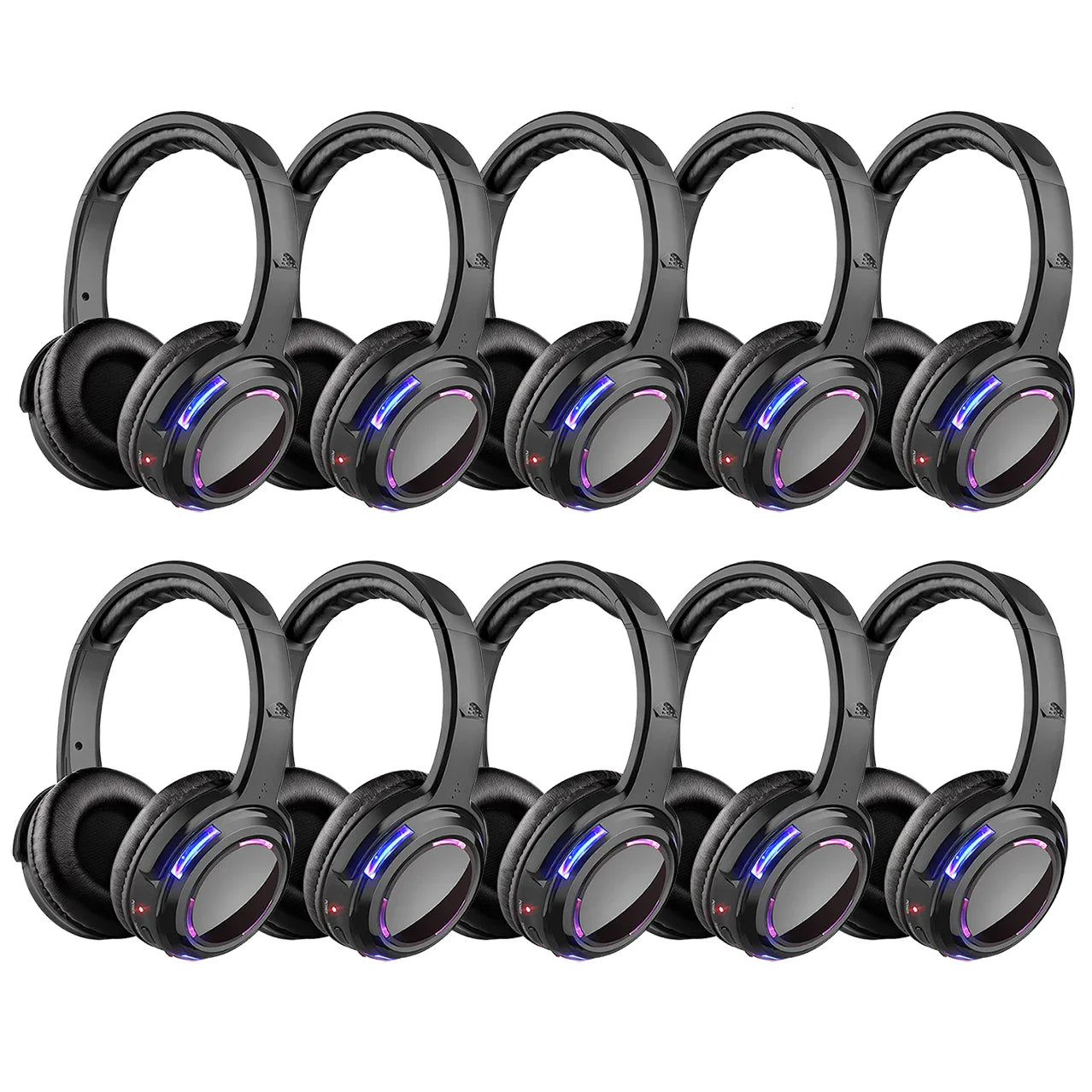 Silent Disco LED Headphones 10-Pack with 200m RF Wireless Transmitter – Party, DJ, Wedding, Club