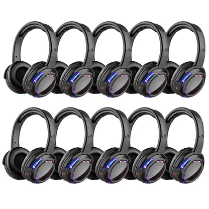 Silent Disco LED Headphones 10-Pack with 200m RF Wireless Transmitter – Party, DJ, Wedding, Club