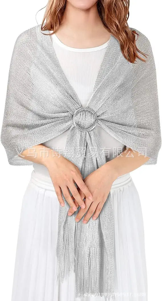 Gold & Silver Thread Tassel Scarf – Elegant Beach, Wedding & Party Fashion Shawl Accessory SJ15
