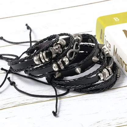 5PCS Punk Bracelet Set - DIY Braided PU Leather Beaded Metal Wristbands